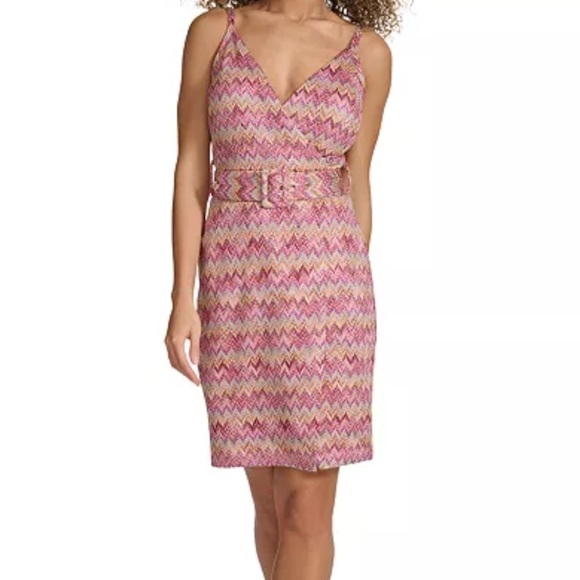 Siena Multicolor Zigzag Pattern Belted Waist Sleeveless VNeck Dress Size 16 - Picture 1 of 15